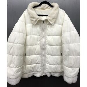 Women Puffer Jacket 3X White Sherpa Trim Zip Pockets Outdoor Winter Coat Preppy